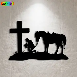 1pc Cowboy Kneeling Cross Metal Wall Art,Cowboy Kneeling Cross Statue Mural, Ideal Gift for Easter, Christmas, Western Decor Enthusiasts, Rust-Resistant Metal Wall Decor Wall Sculptures, Perfect for Farmhouse Wall & Garden Fence, Western Home Decor