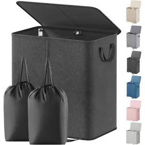 Double Laundry Hamper with Lid and Removable Laundry Bags, Large Collapsible 2 Dividers Dirty Clothes Basket with Handles for Bedroom Laundry Room Closet Bathroom College, 136L Black