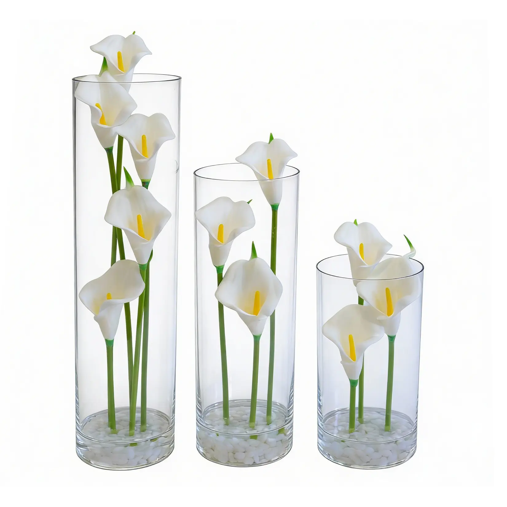 Set of 3 Calla Lily Artificial Flowers in Vase with Faux Water, Real Touch White Faux Calla Lilies for Home, Wedding, and Dining Table Decor