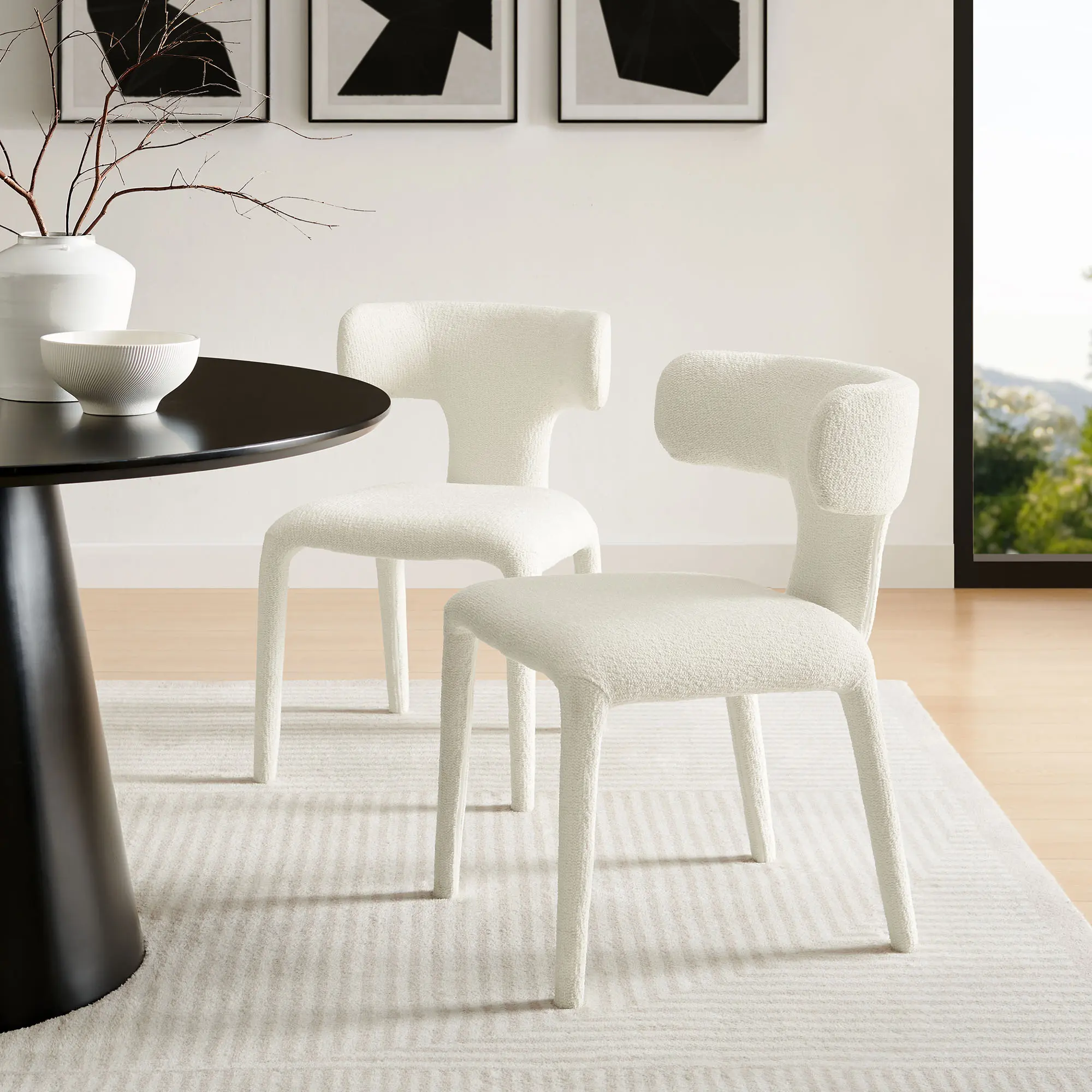 Stellan Modern Fabric Dining Chair, Cream Boucle-Upholstered Indoor Furniture with Curved Back, Modern Fabric Chair, Cozy Leisure Chair