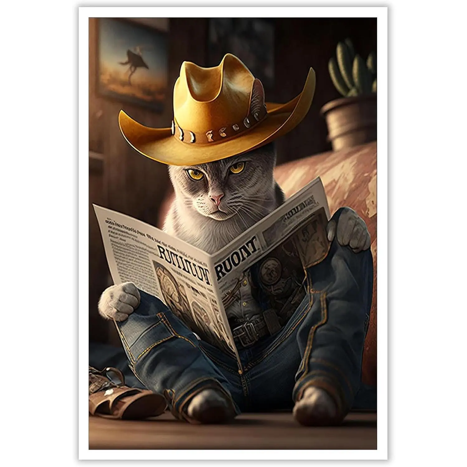 Frameless Waterproof Cowboy Cat Reading Newspaper Canvas Poster - Funny Western Animal Print, Multi-size Wall Art (24×36in/60×90cm Included) for Living Room, Bedroom, Kid Room, Balcony, All Seasons Home Decor Gift for Home Supplies