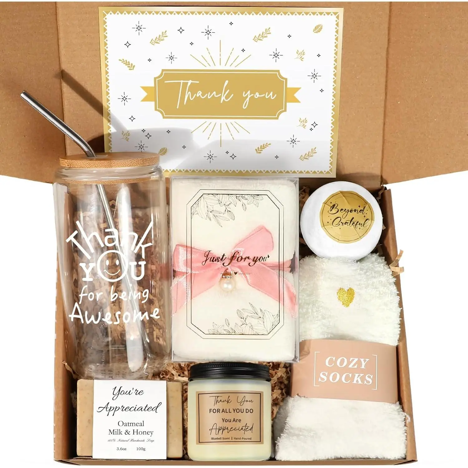 iAOVUEBY Thank You Gifts for Women, Employee Appreciation Gifts Baskets for Women Coworkers Nurse Teacher Secretary Mentor Leader Friend, Thank You Gift Box with 16oz Being Awesome Glass