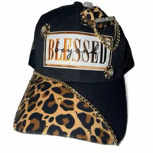 Beyond Blessed Black & Leopard Print Baseball Cap with Gold Chain and Rhinestone Accents for Stylish Outfits