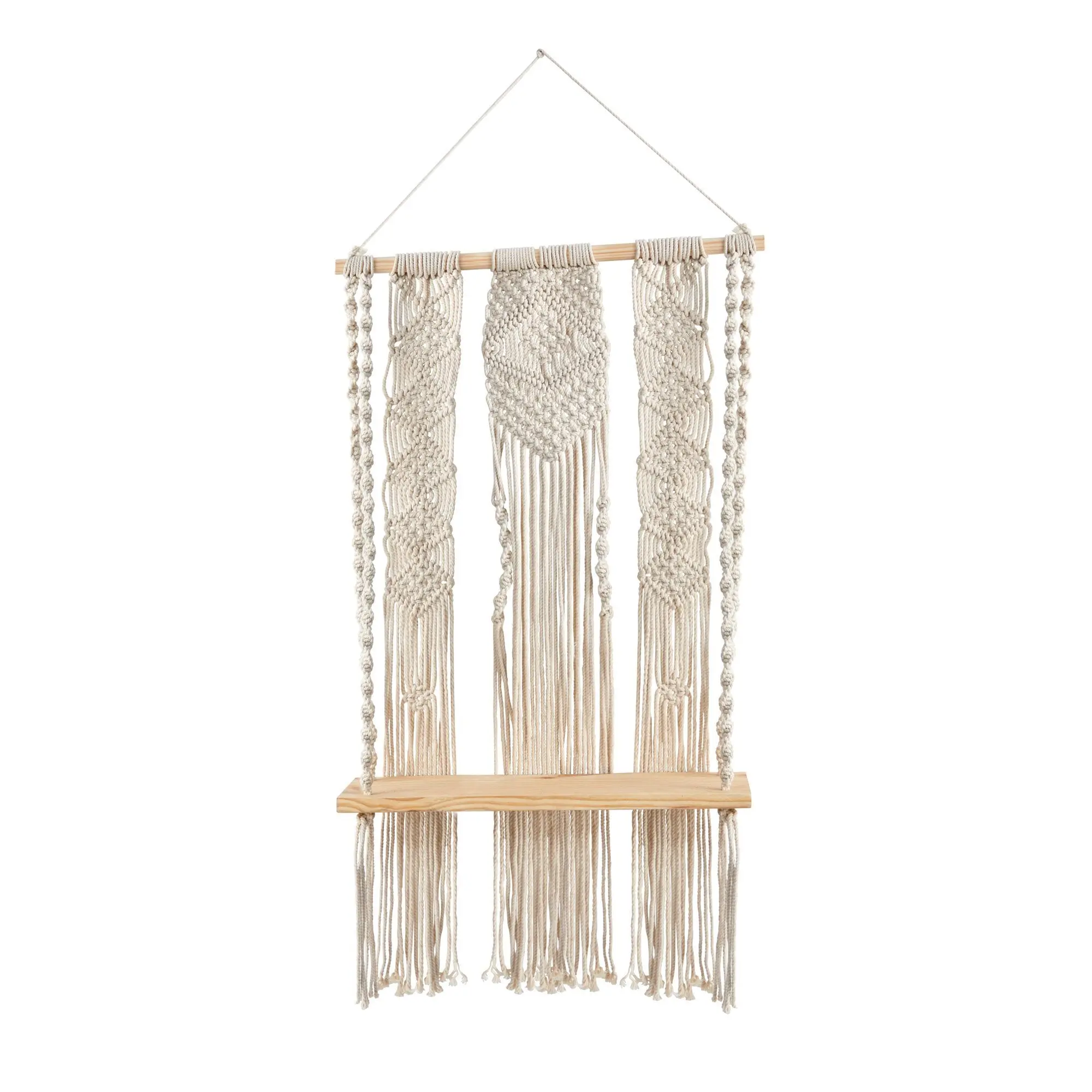 Layered Macrame Wall Hanging with Wooden Shelf - 2.5'x1.5' Handmade Wall Tapestry, Tassel Decor for Home Room Decoration (Home Supplies, Hooks & Shelves)