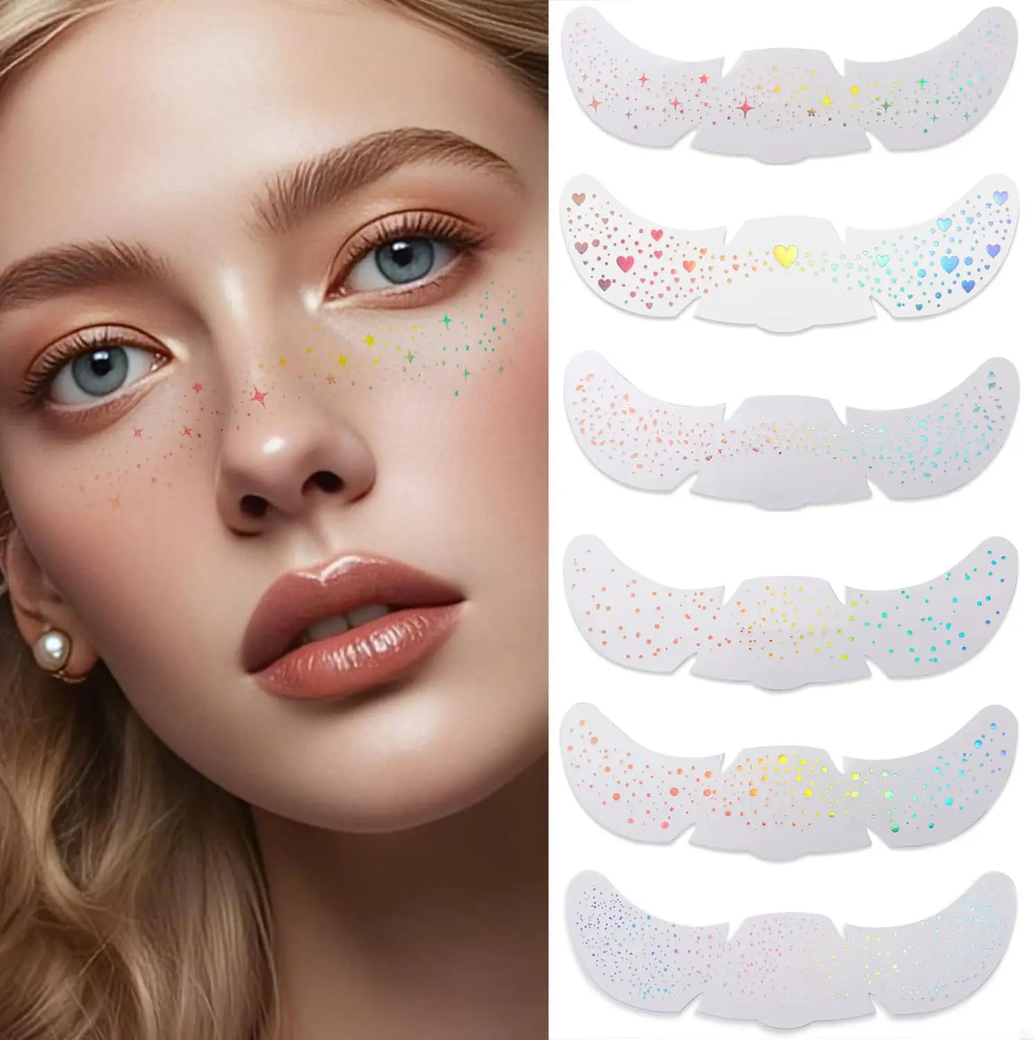 8-Piece Freckle Temporary Tattoo Transfer Stickers - Waterproof Hot-Stamping Silver Laser, Sensitive Safe, Colorful Oblong Facial & Body Sparkling Stars Makeup Party Stickers, Colorful Facial And Body Stickers, Oblong Shape