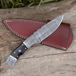 8.5” Hand Forged Damascus Steel Full Tang Skinner Knife - Buffalo Horn Handle - H 020