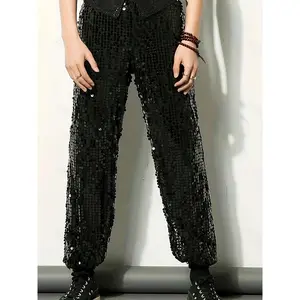 Men's Black Sequin-Embellished Casual Pants - 100% Polyester Machine-Washable Regular Fit Streetwear for Dance Practice, Stage Performances & Jazz Events, Dance Pants