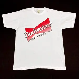 Budweiser Beer King Of Beers T-Shirt - Vintage 1996 Licensed Anheuser-Busch Merchandise Tee - Red Logo, White Cotton XL Mohawk Music Records