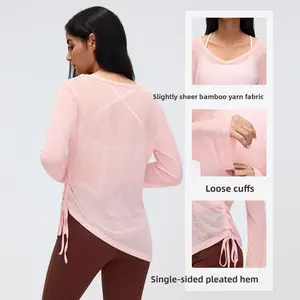Loose sports long-sleeved blouse women's V-neck drawstring waist thin yoga clothes casual fitness long-sleeved t-shirt