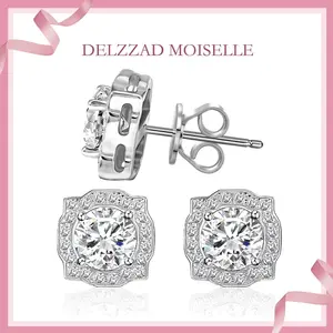 Delzzad Luxury Earrings Round VVS Synthetic Moissanite S925 Stud Earrings Jewelry Perfect Birthday Mother’s Day Christmas Gift for Men Women Wedding Set