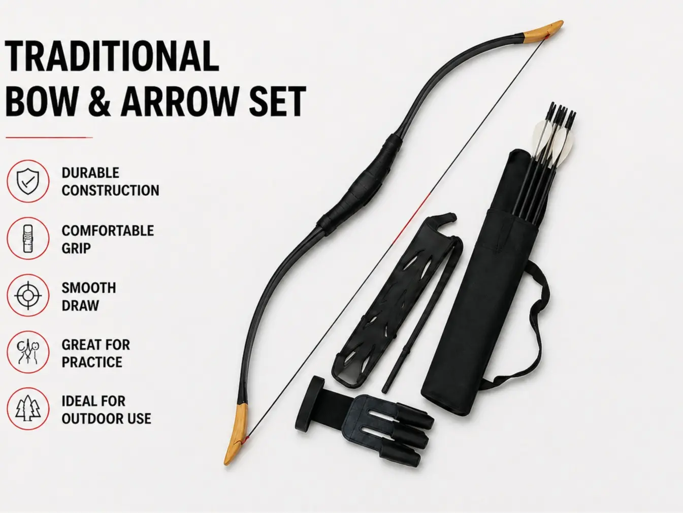 Traditional Backyard Archery, 52" Functional Wooden Bow, Nocked Bow String 100% Ready to go out of box, Everything Included to get started
