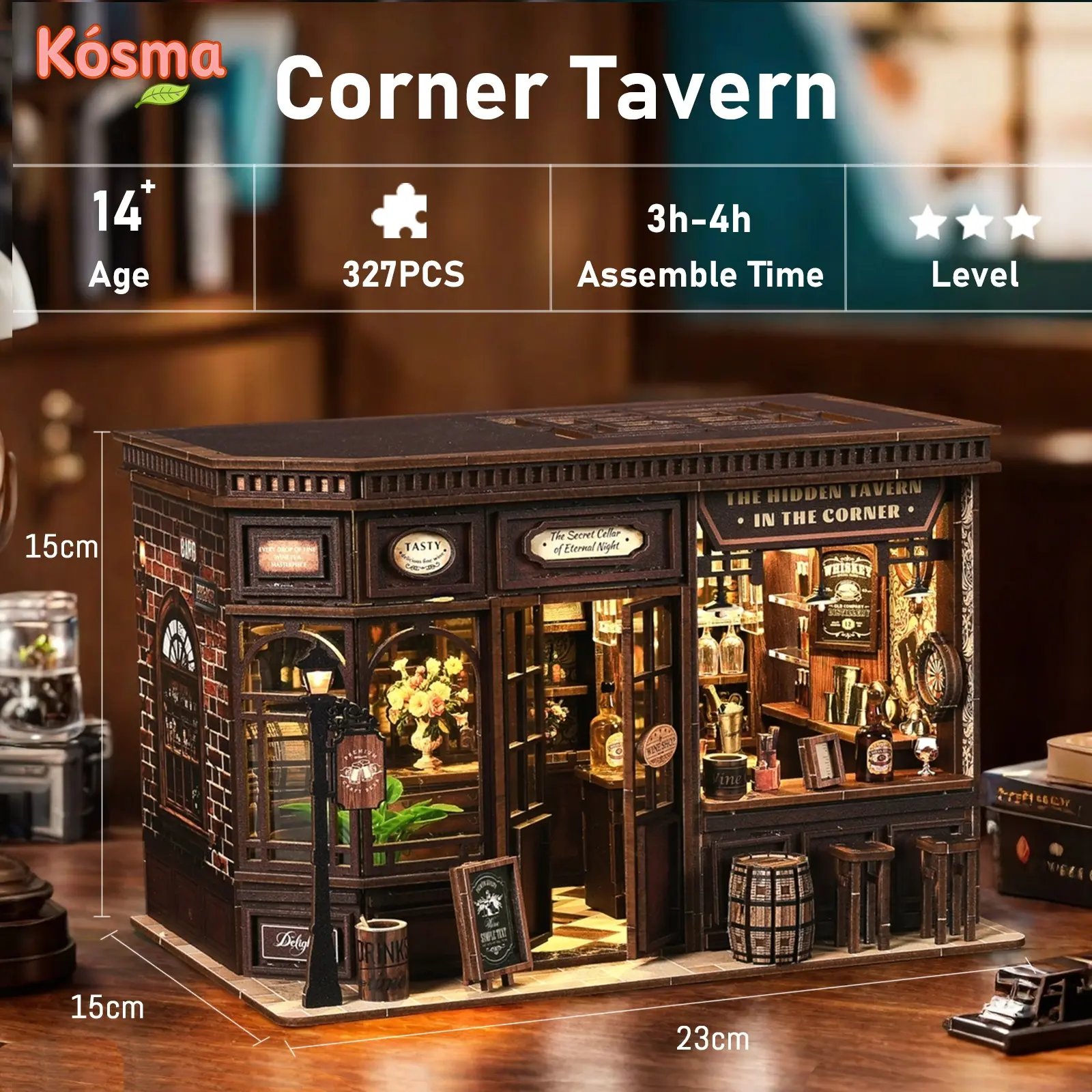 Corner Tavern Kosma Vintage DIY Book Nook Kit for Adults - Laser-Cut Wood, Assembly Kit, Warm LED Light, Renaissance-Style Tiny House, Gift for Book Lovers