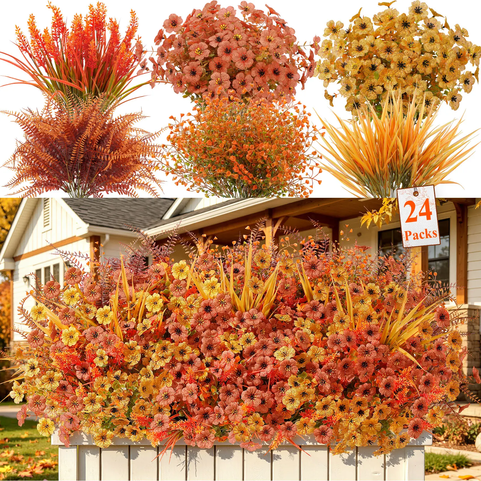 SHareconn 24/48 Bundles Artificial Flowers for Outdoors Fall Spring Summer Decoration, UV Resistant Eucalyptus Violet and Lavender Silk Fake Plants for Outside Indoor Yard Home Patio Decor, Red Rose Purple Faux Hanging