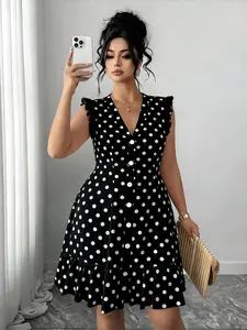 Plus Size Women's Polka Dot Ruffle Dress, Loose Fit V Neck Waist Cinching, European Style Office Commute, Summer Beach Vacation