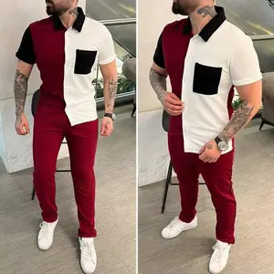 Color blocked men's shirt short sleeved pants casual sports suit