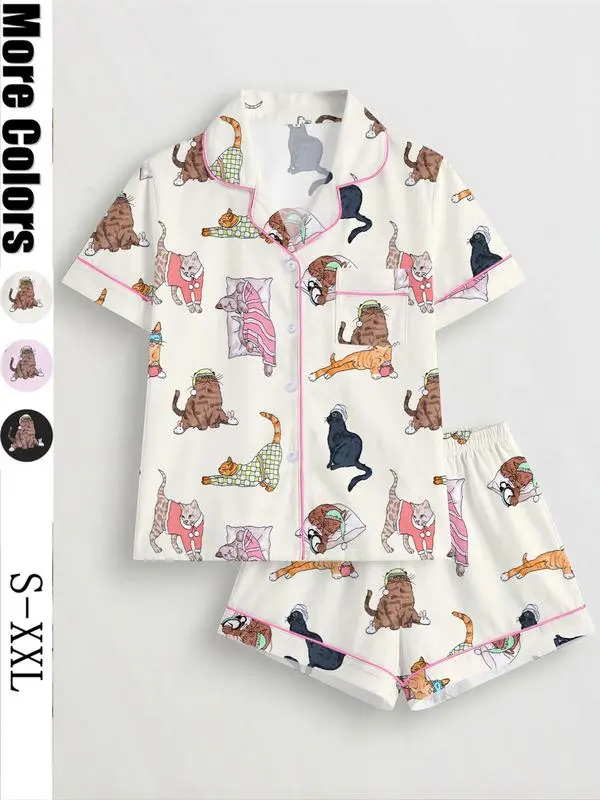 Cute Cat Pajamas for Women, Two Piece Sleepwear Set, Button Front Shirt & Elastic Shorts, Casual Loungewear