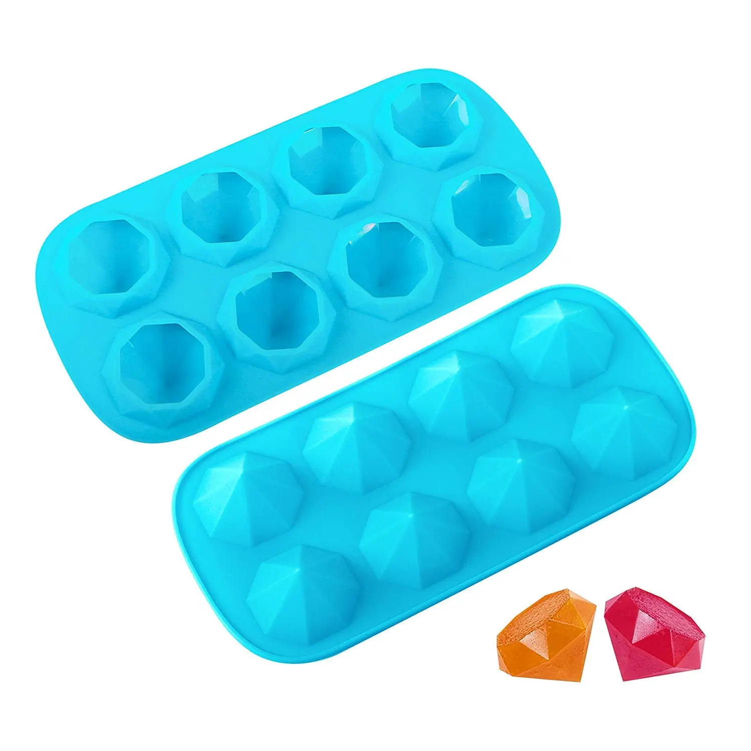 2 Pack Ice Cube Trays Diamond Shape 8 Cavity Reusable Silicone Ice Cube Mold, Crayons Wax Resin Chocolate Candy Molds