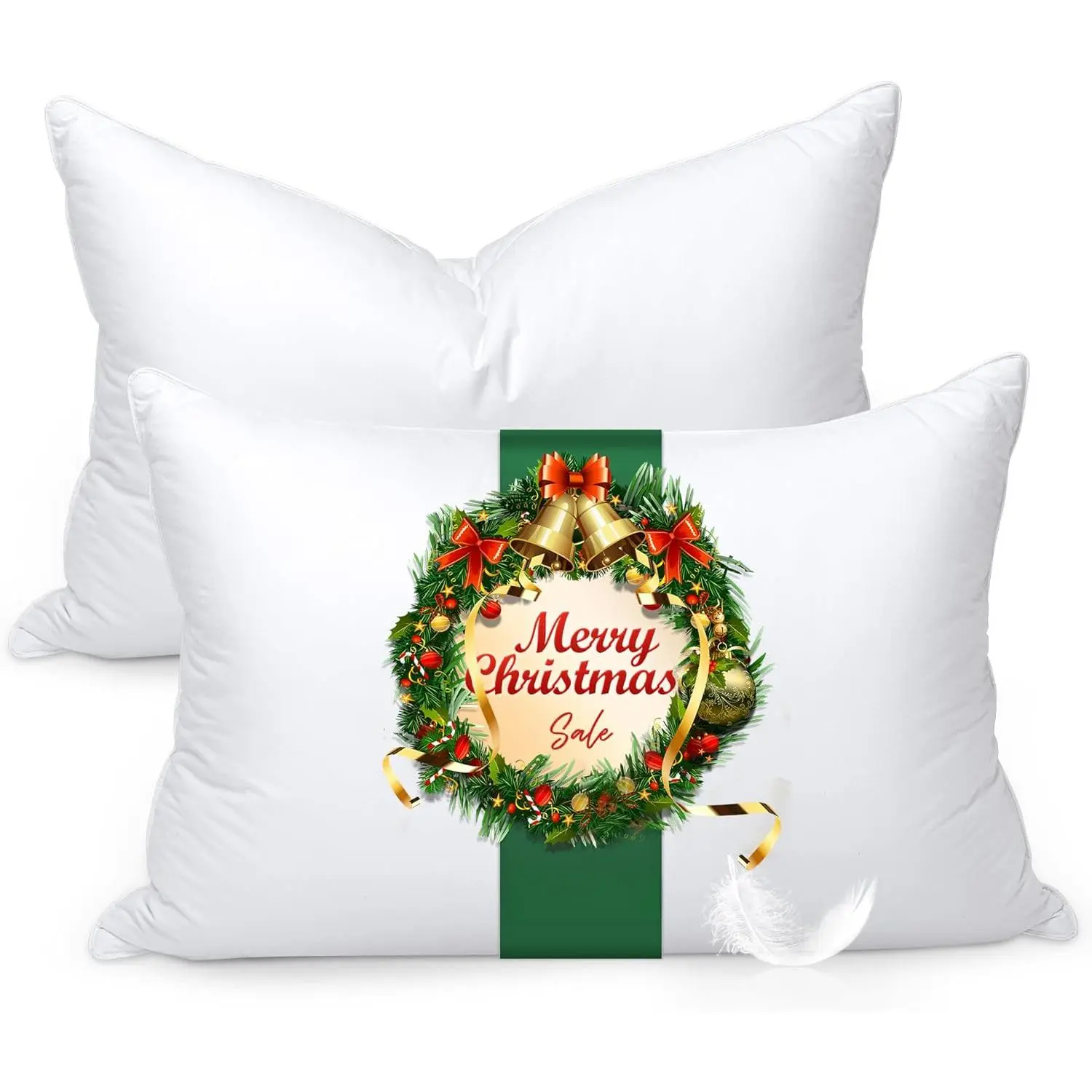 Feather Pillows Queen Size Set of 2 - Goose Down Hotel Bed Pillow for Sleeping, Soft 600 Thread Count Cotton Cover, Fluffy Support Surround Fill Polyester, Vacuums, Hotel Pillows