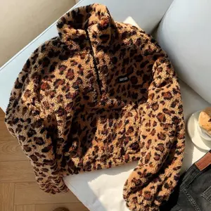 Women's Chic Leopard Print Fleece Zip-Up Coat - Long-Sleeve, Adjustable-Fit, Front Pockets, Lady's Comfortable Fall-Winter Clothes for Casual Outfits Inspo
