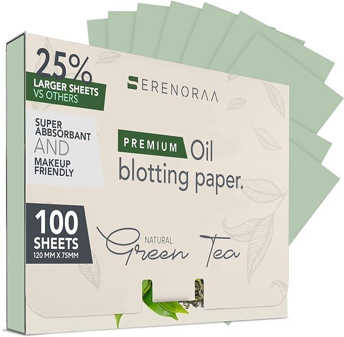 Premium Natural Green Tea Oil Blotting Sheets for Face - 1x100 Sheets with Extra Large 5x3" Thick Blotting Paper for Oily Skin - Dispensable Portable Pack - Reduce Skin Acne - Makeup Friendly