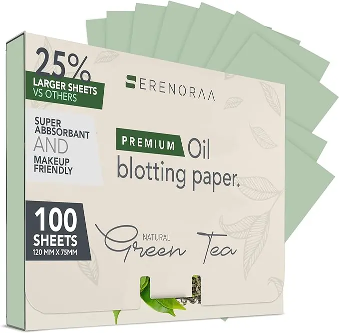 Premium Natural Green Tea Oil Blotting Sheets for Face - 1x100 Sheets with Extra Large 5x3" Thick Blotting Paper for Oily Skin - Dispensable Portable Pack - Reduce Skin Acne - Makeup Friendly
