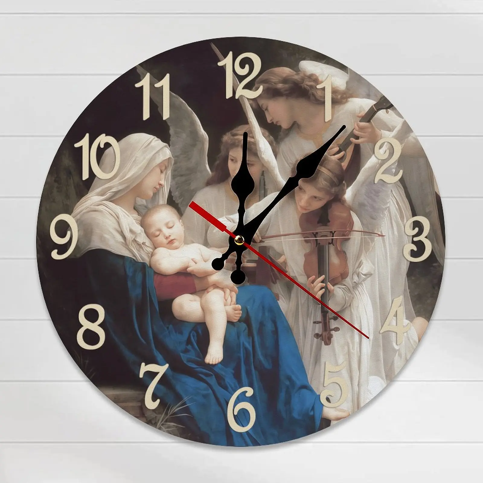 10-12in Round Wooden Analog Wall Clock - Silent, DIY Assembly Required, Madonna and Child with Angels Design, Christian Home Decor, Room Decor, Religious Art Gift for Believers (Battery Not Included)