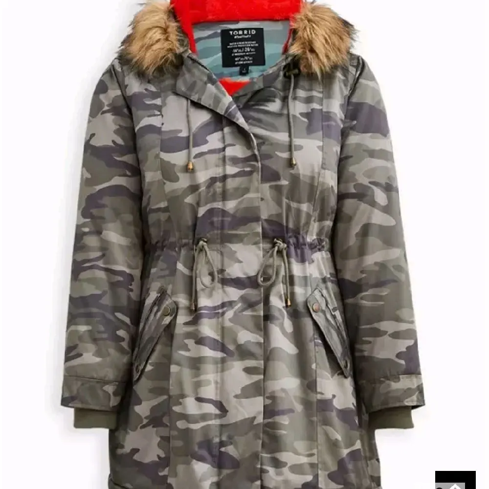 Torrid 3X Camo Twill Fur Trim Parka with Red Hood and Drawstring Details Faux Coats Jackets Outerwear Long Sleeve Tops Womenswear