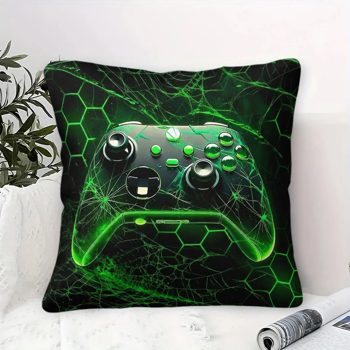 Gaming Controller Throw Pillow  Boys' Game Room Decor Accent Pillow case, Geometric Living Room Cushion Cover, Bedroom Video Game, Sofa and Chair Use, Cool Green Gaming Console Decor