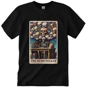 Overthinker Tarot Card Skull T-Shirt – Skeleton Graphic Tee, Mystic Gothic Style