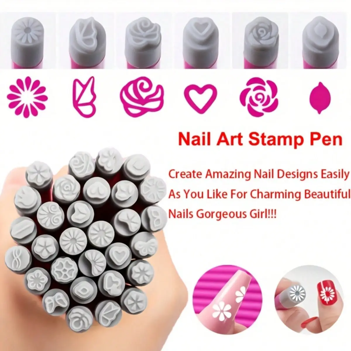Nail Art Stamp Pen Set with Dotting Tools & Flower Patterns - Hypoallergenic Nail Stamping Kit, Nail Art Equipment for Sensitive Beige, DIY Manicure/Pedicure, Salon-Quality Nail Designs (Hearts, Flowers) - No-Mix Nail Art Accessories, Nail Supplies