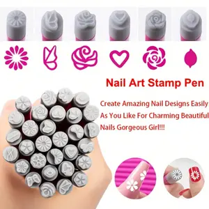 Professional Nail Art Stamp Pen Set with Dotting Tools & Flower Patterns - Hypoallergenic Nail Stamping Kit for Sensitive Beige, DIY Manicure/Pedicure, Diy Nails, Salon-Quality Nail Designs (Hearts, Flowers, Leopard) - No-Mix Nail Art Accessories