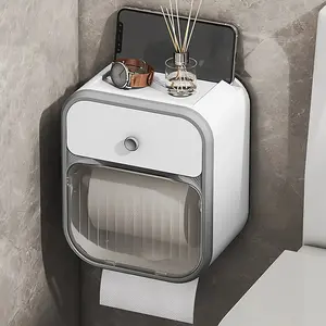 Double Layer Bathroom Toilet Paper Holder, Plastic Wall Mounted Tissue Dispenser, Waterproof No Drilling Required, Strong Adhesive Base, Bathroom Accessory