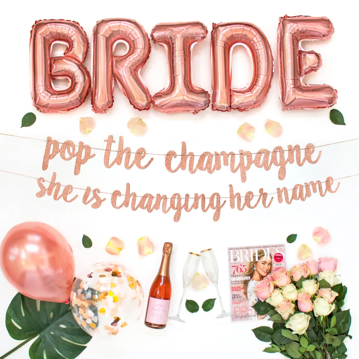 Effortless Events Bachelorette Party Decorations Kit, Bridal Shower Supplies, Bride To Be Decorations, Ring Foil, Rose Glitter Banner, Pop the Champagne She is Changing Her Name (Rose Gold) Balloon Pearl