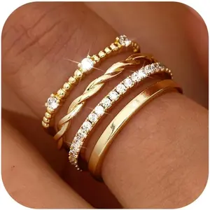 MILACOLATO Stackable Gold Rings for Women Non Tarnish 14K Plated Gold Minimalist Cubic Zirconia Statement Engagement Promise Band Rings Thin Dainty Knuckle Thumb Ring Set Size 5-10, Elegant Gift Presentation, Genuine Cubic Zirconia