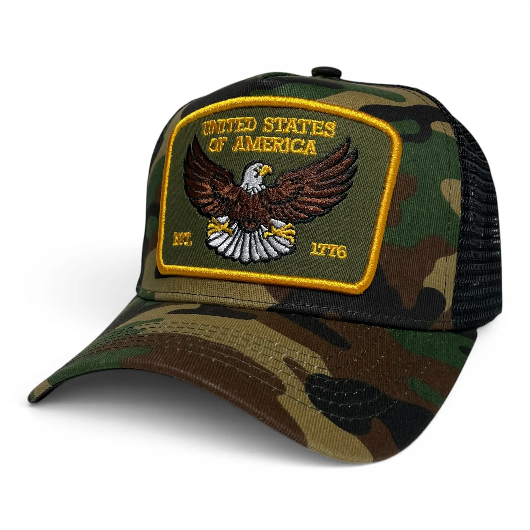 USA Eagle EST. 1776 Camouflage Snapback Trucker Hat, Camo, Curved Brim Adjustable Outdoor Cap