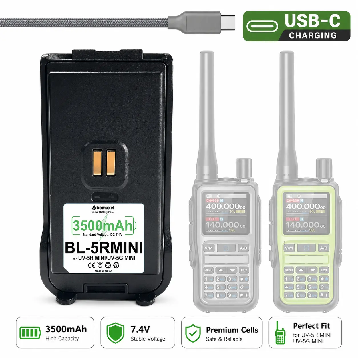 BL-5RMINI 7.4V 3500mAh Li-Ion Replacement Walkie Talkie Battery, Direct Drop-In Replacement for UV-5R MINI, UV-5G MINI, USB-C Charging Port, Handy Plug Compatibility, 118% More Capacity Than Original Batteries, Replacement Battery