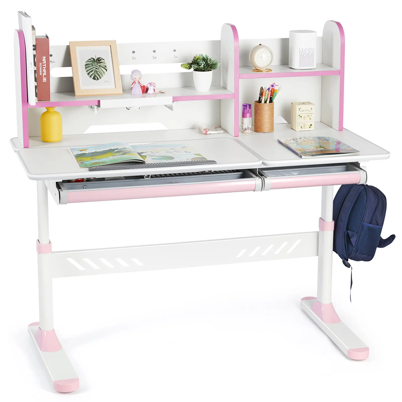 Adjustable Kids Desk with Hutch and Drawers 47" Wide Multifunction Ergonomic Study Table with Tilt Desktop & Two Storage Drawers for Home or School Use