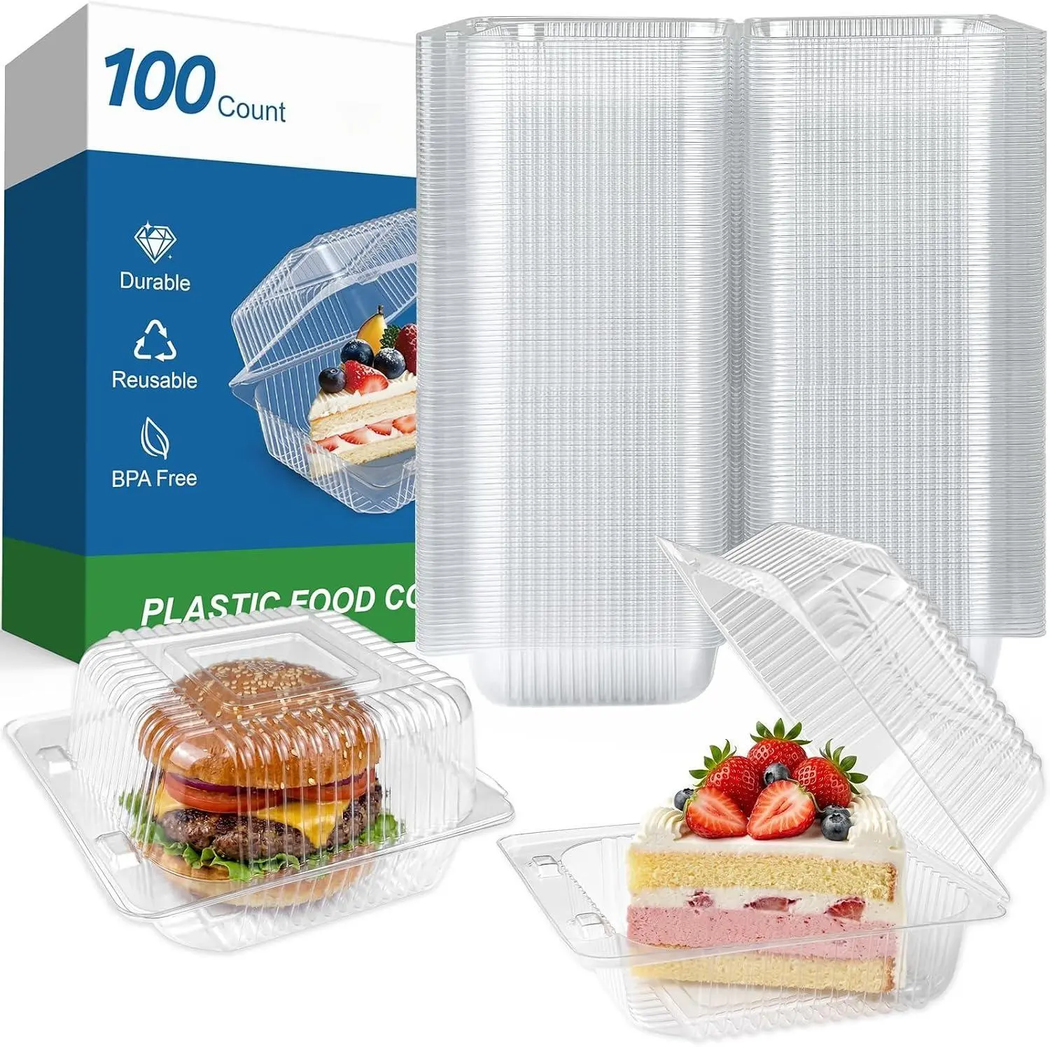 100 Pack Extra Heavy Duty Clear Slice Cake Carriers, Plastic Food Storage Containers, Premium Disposable Takeout Containers with Lids, To Go Boxes for Hamburger, Cake, Dessert, Salad, Sandwich