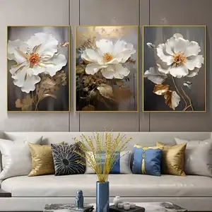 3 Pieces Abstract Floral Canvas Art, Gold and White Flower Wall Mural, Modern Elegant Home Art, Contemporary Gallery Decor, Gold Tone Painting, Wall Decor for Living Room and Bedroom, Framed or Unframed Options Available.