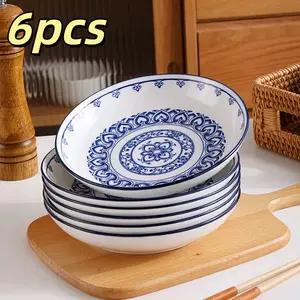 6pcs vintage blue and white porcelain dinnerware set, made with underglaze technique, suitable for microwave and dishwasher use, ideal for home use, can hold pasta, fruits, and salad, perfect for holiday gatherings and gifting.