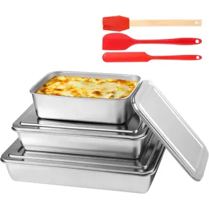 3 Pcs Stainless Cake Pan with Lid, 13/11/9 Inch Cake Pans Sets for Baking, Non-Stick Bread Loaf Pans, Rectangle Baking for Bread, Cake, Meat, Vegetables
