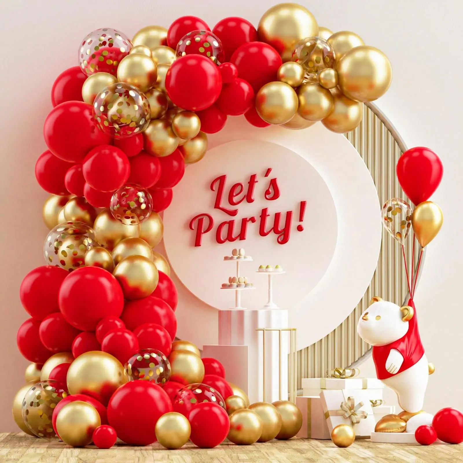 117pcs Red Metallic Gold Balloon Arch Set with Gold Confetti Balloons, Perfect for Valentine's Day, Wedding, Birthday, Engagement, Anniversary Party Decorations, Balloon Arch Backdrop