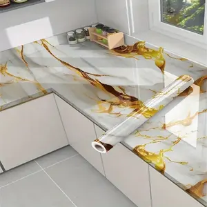 3D Blue Gold Line Marble Backsplash Wallpaper, Waterproof Oil-Resistant Heat Resistant Self-Adhesive, Ideal for Cabinets Tables Chairs Bathroom Decor
