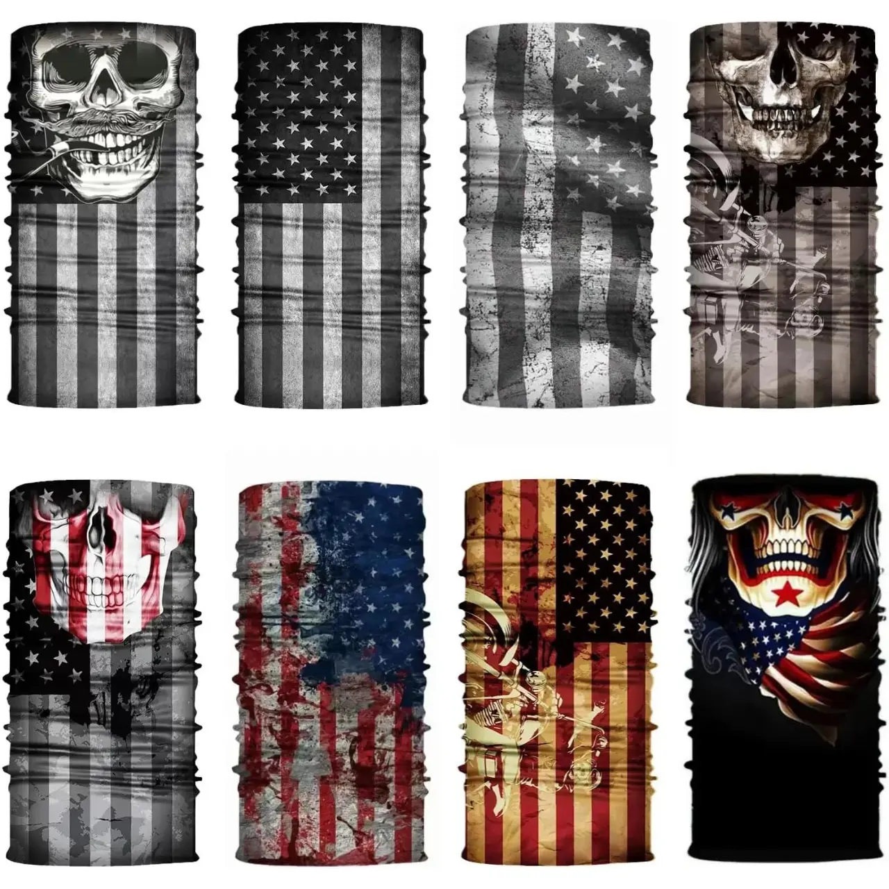 8PCS Seamless Balaclava Neck Gaiter Face Mask – Skull & American Flag Bandanas for Sun & Wind Protection, Cycling, Running, Hiking, Fishing