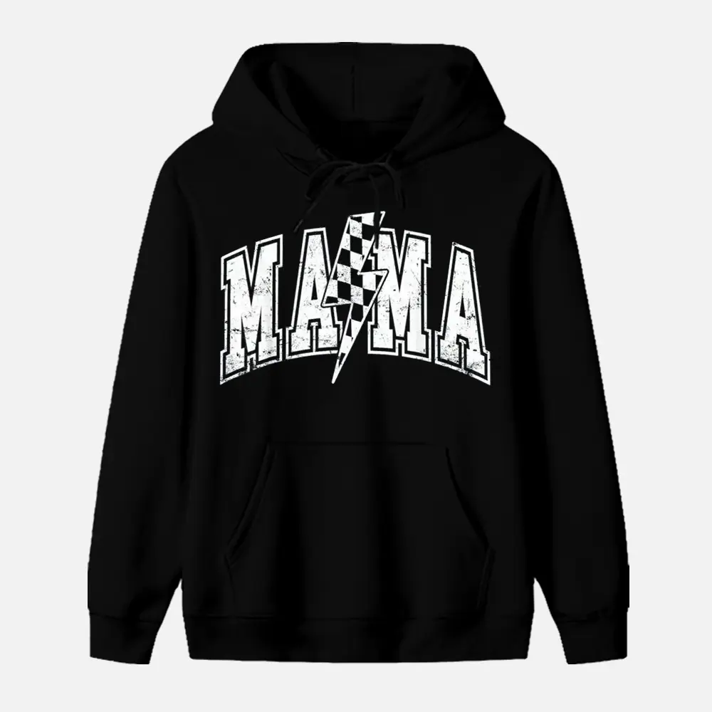 Women's Polyester Pullover Hoodie - Checkered Varsity Mom Lightning Bolt Print, Casual Long Sleeve, All Seasons Comfort, Mother's Day Gift, Sweatshirts, Longsleeves, Tops