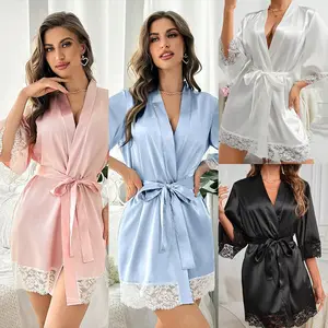 2026 New Ladies Elegant Satin Robe Lace Trim Kimono Short Sleepwear Nightgown V Neck Belted Bridal Loungewear Bridesmaid Gift