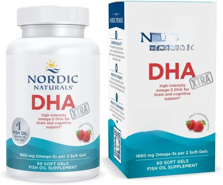 DHA Xtra, Strawberry - 60 Soft Gels - 1660 mg Omega-3 - High-Intensity DHA Formula for Brain & Nervous System Support - Non-GMO - 30 Servings