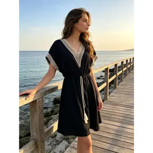 Women's Soft V Neck Waist Cinched 3/4 Sleeve Bohemian Embroidered Lightweight A-Line Dress, Breathable Comfortable Fabric Midi Skirt for Spring & Fall, Slimming Ethnic Pattern Casual Outfit