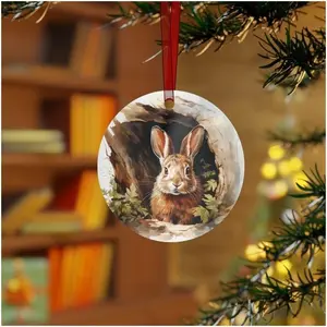 Nature Lover Forest Bunny Christmas Ornament - White Ceramic Circle Star Heart Oval