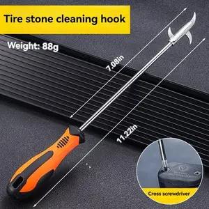 Multifunctional 2-in-1 tire debris removal hook that safely removes embedded objects without damaging the rubber. Features a non-slip handle and is suitable for sedans, SUVs, and pickup trucks, effectively preventing flat tires and air leaks.